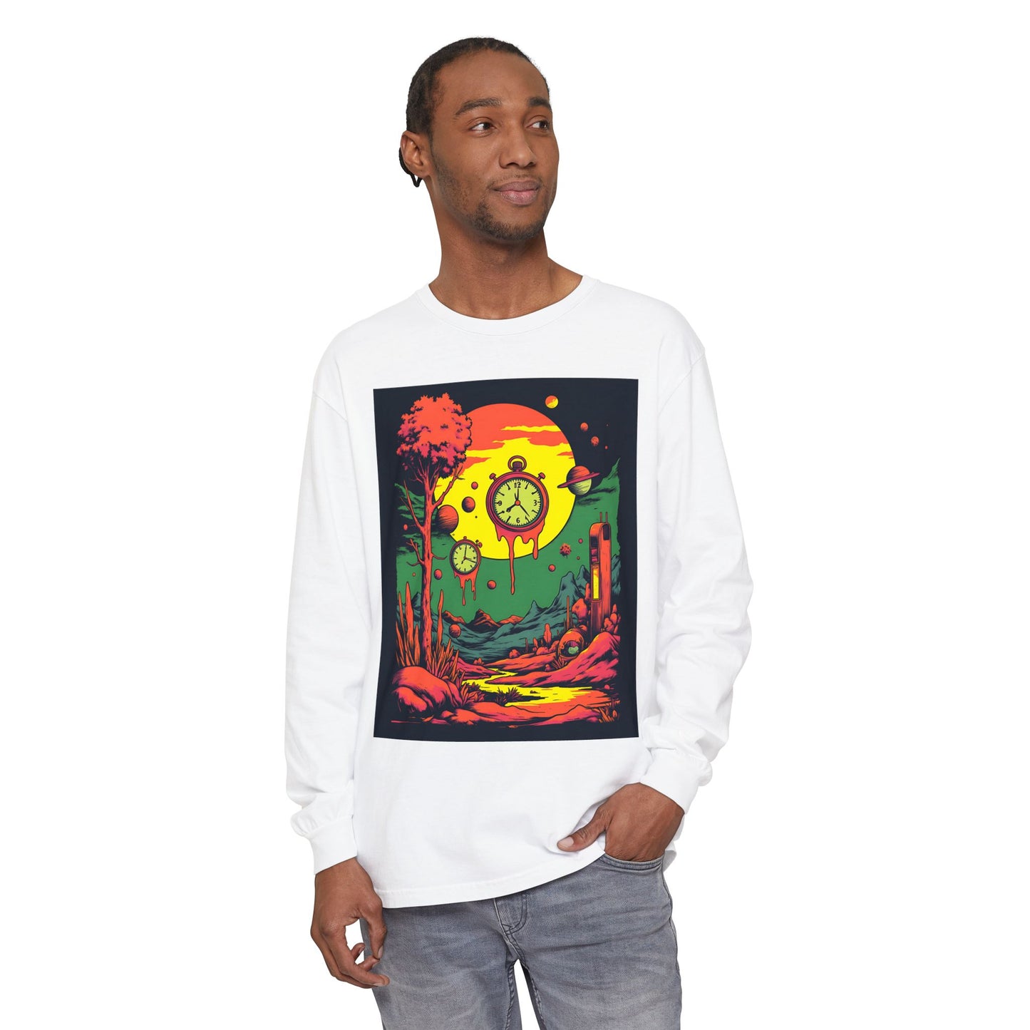Unisex Garment-dyed Long Sleeve T-Shirt | Surreal Dripping Geometry