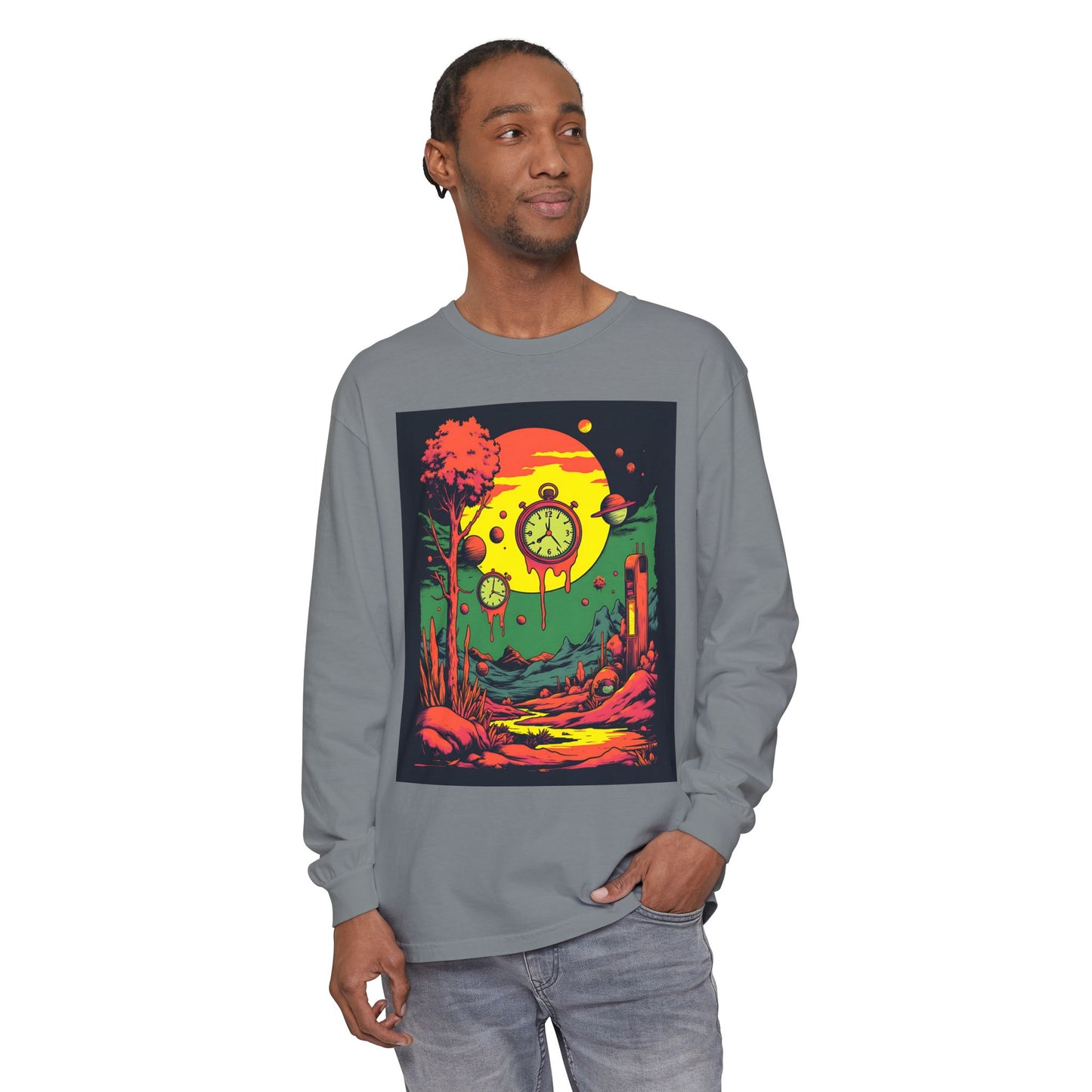 Unisex Garment-dyed Long Sleeve T-Shirt | Surreal Dripping Geometry