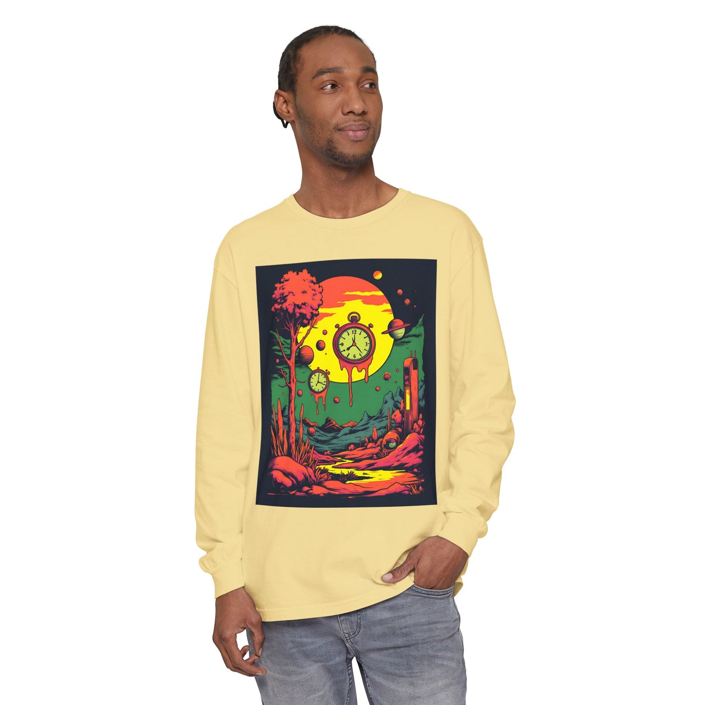 Unisex Garment-dyed Long Sleeve T-Shirt | Surreal Dripping Geometry
