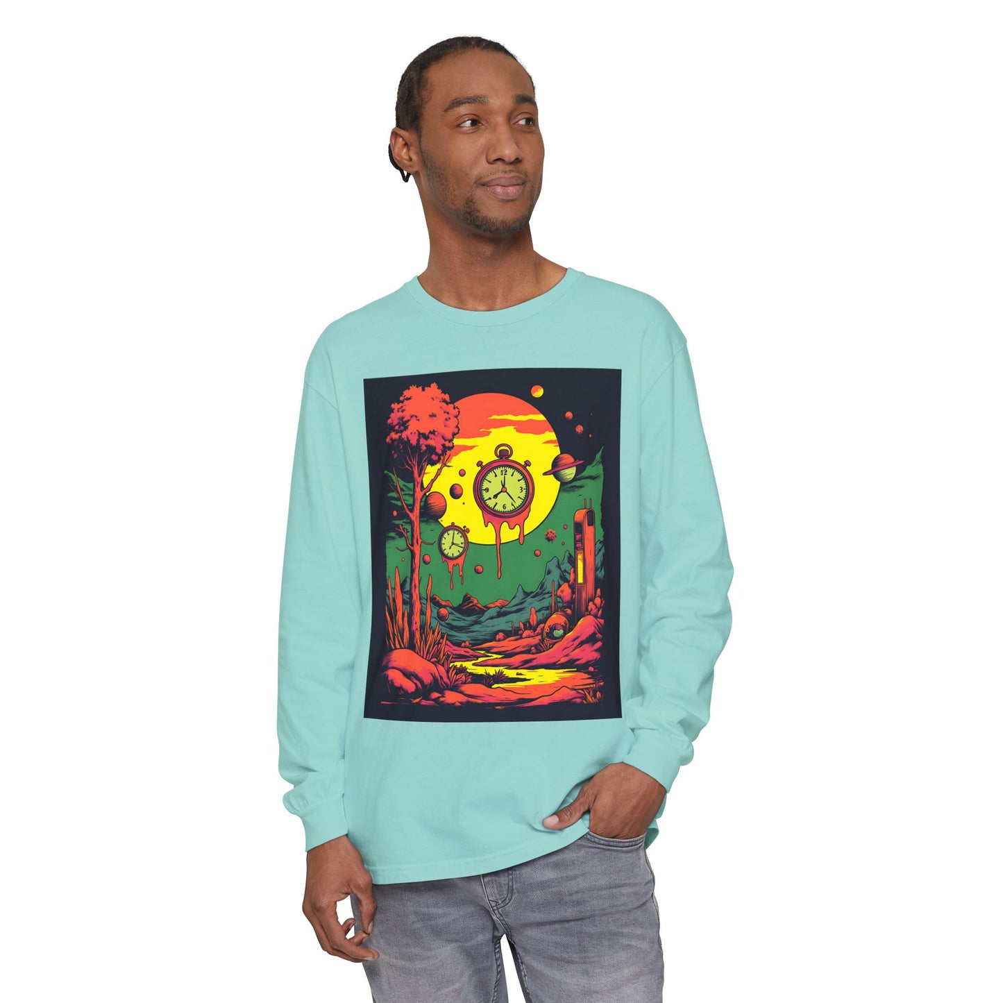 Unisex Garment-dyed Long Sleeve T-Shirt | Surreal Dripping Geometry