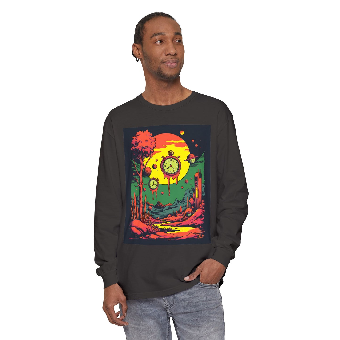 Unisex Garment-dyed Long Sleeve T-Shirt | Surreal Dripping Geometry