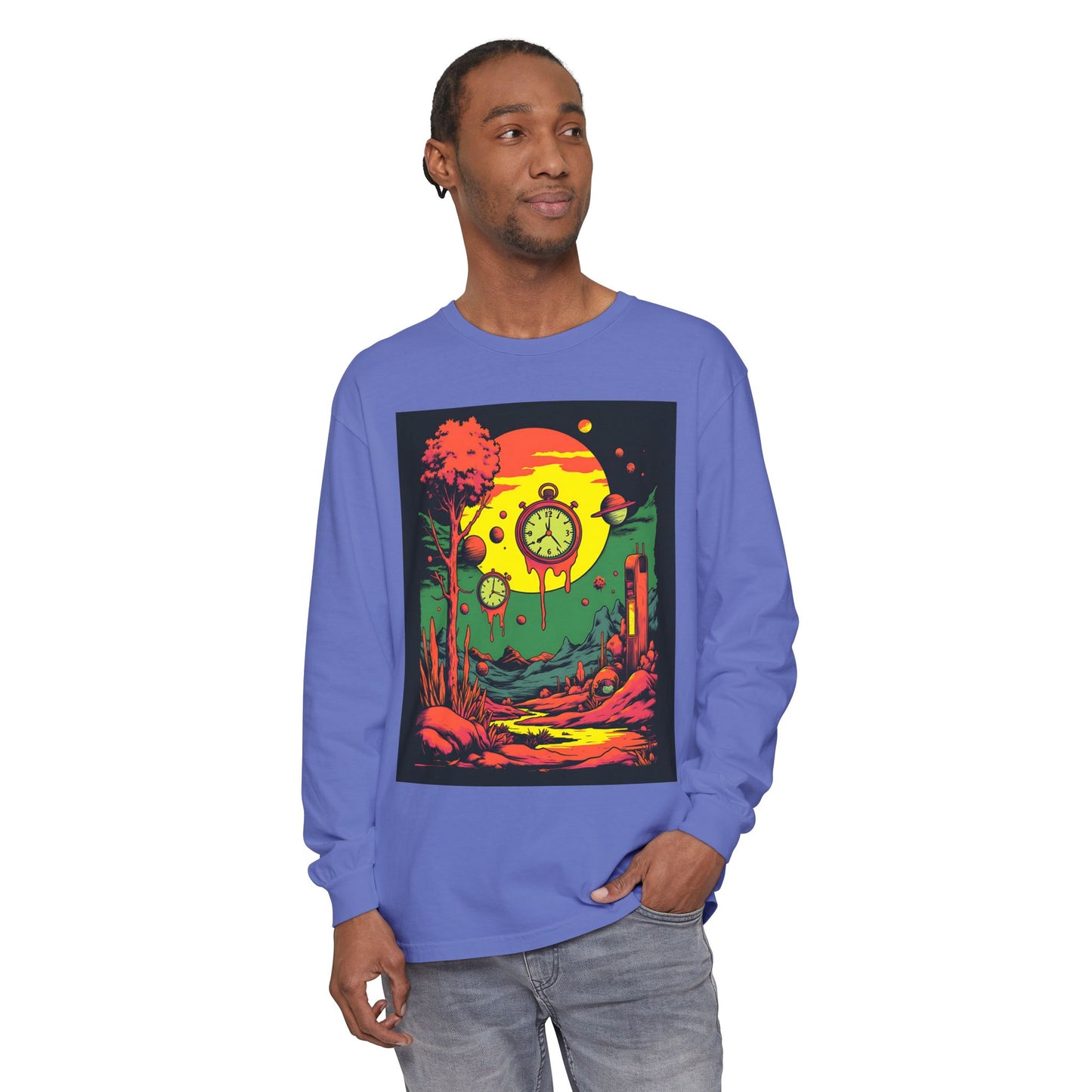 Unisex Garment-dyed Long Sleeve T-Shirt | Surreal Dripping Geometry